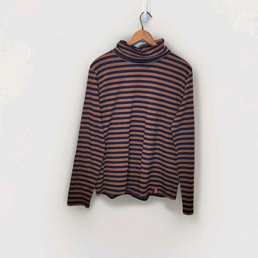 Kule Cotton Brown Blue Striped Turtleneck Long Sleeve Top Size Large Preppy